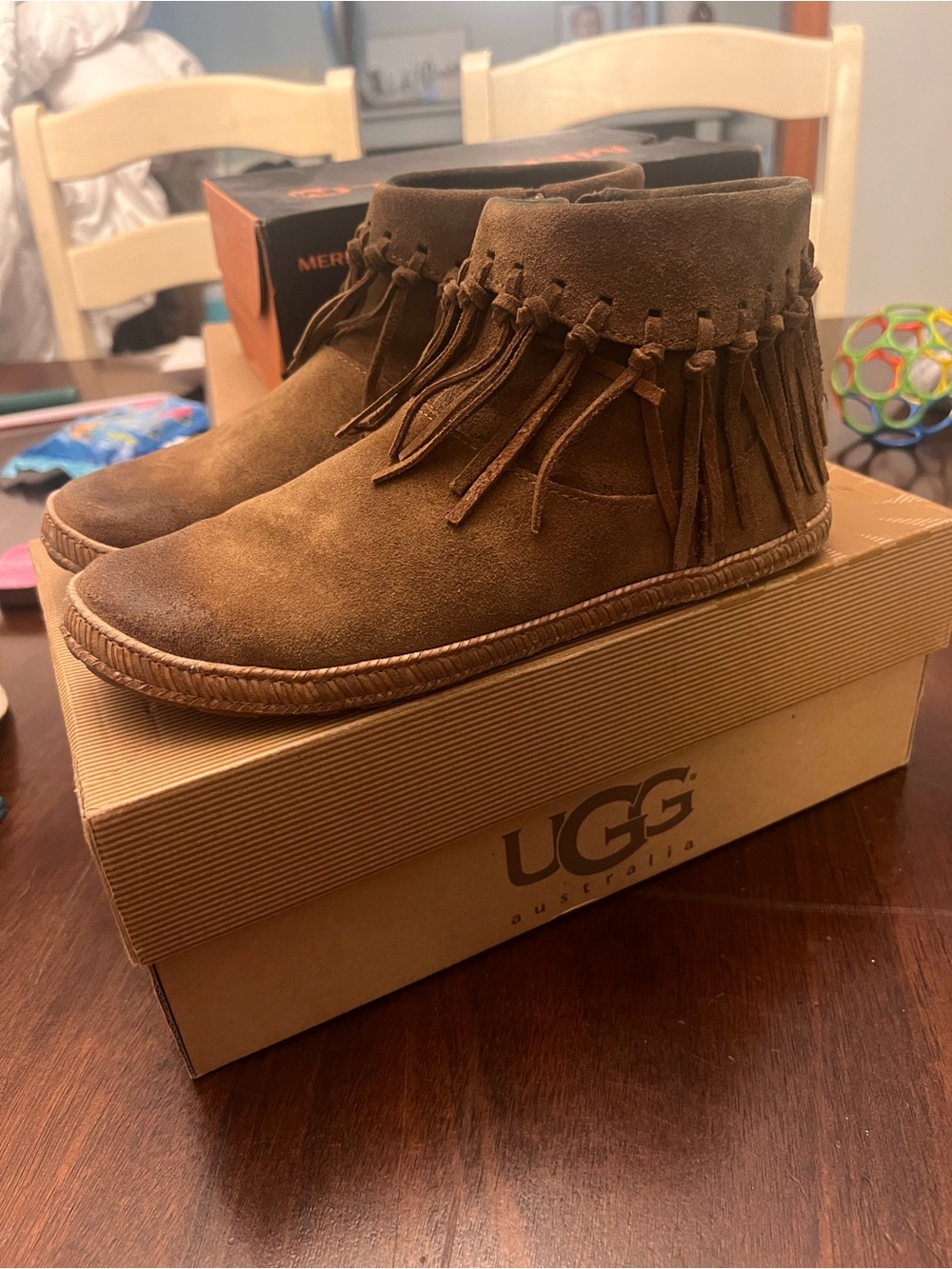 UGG Chestnut Suede Fringe Ankle Boots